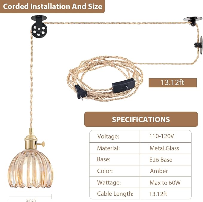 Plug in Pendant Light Fixtures, Hanging Light Fixture Vintage Glass Pendant Light, Mini Amber Tulip Hanging Lamp, Pendant Lighting for Kitchen Island, Bedroom, Dining Room, Living Room