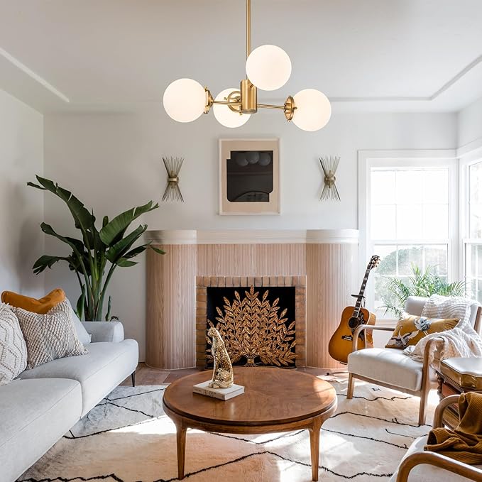 Gold Sputnik Chandelier with Milk Glass Globes, 23.6" 4-Light Mid-Century Pendant Light for Dining Room, Living Room,Foyer, Entryway