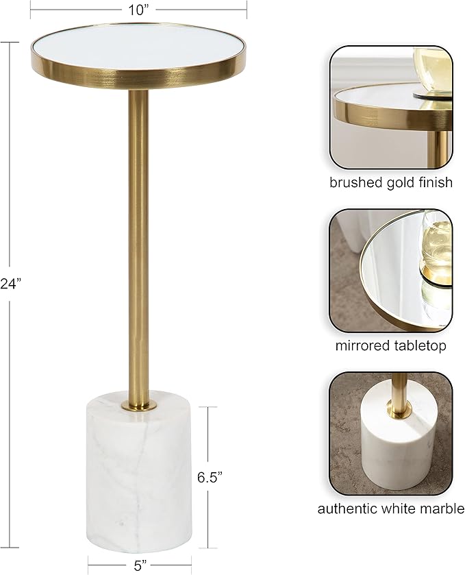 Kate and Laurel Hescott Modern Decorative Round Drink Table with Natural Marble Base and Mirrored Tabletop, 10x10x24, Gold