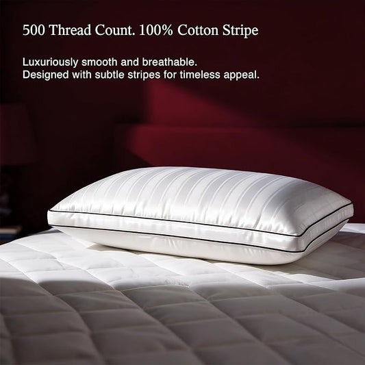 Blue Ridge Home Fashions Luxury Hotel Collection Bed Pillows Queen Size Set of 2, Soft Medium 500 Thread Count Damask Stripe Embroidered 100% Cotton Cover, Gusseted Down Alternative