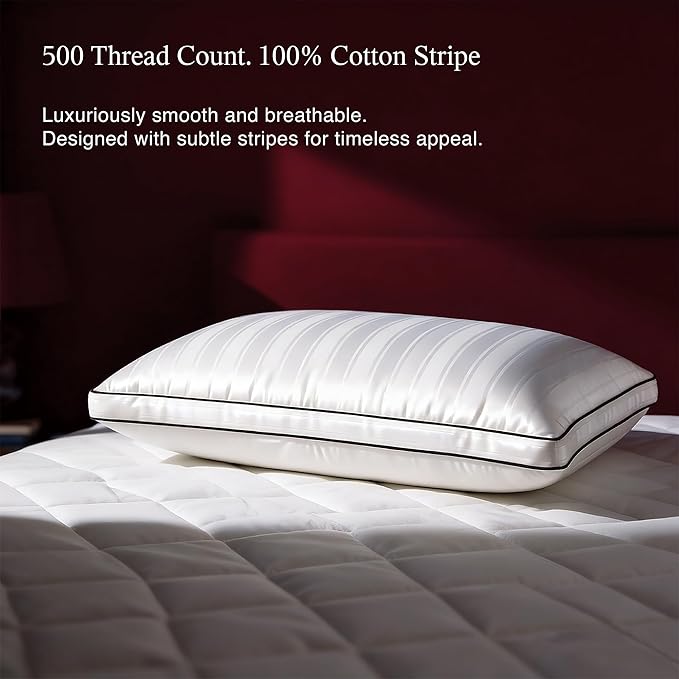 Blue Ridge Home Fashions Luxury Hotel Collection Bed Pillows King Size Set of 2, Soft Medium 500 Thread Count Damask Stripe Embroidered 100% Cotton Cover, Gusseted Down Alternative