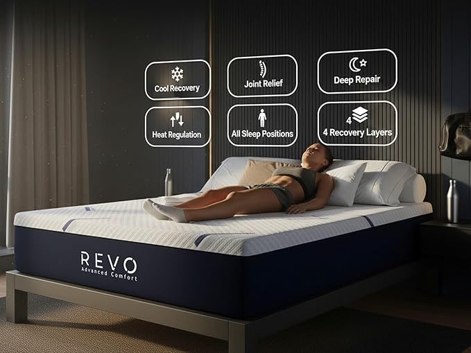 REVO Sleep 14-Inch Gel Memory Foam Mattress, Queen – Cooling Recovery Mattress for Athletes, Pressure Relief for Muscles & Joints, Contouring Support, Breathable Performance Sleep Surface
