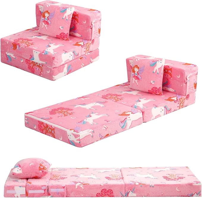 MeMoreCool Foldable Futon Chair Bed for Kids, Glow Tri-fold Sofa Bed Convertible Toddler Sofa Mattress, Foam Floor Couch for Sitting, Pink