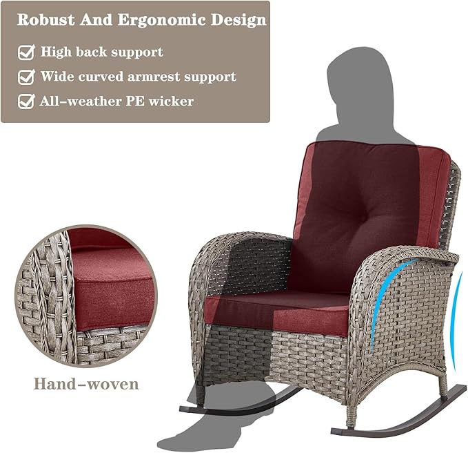 Belord Patio Furniture Set with Fire Pit Table - 8 Piece Outdoor Wicker Furniture Set with 43" 50000 BTU Propane Fire Pit and Rocking Chairs Patio Conversation Set for Deck Outside Backyard Red