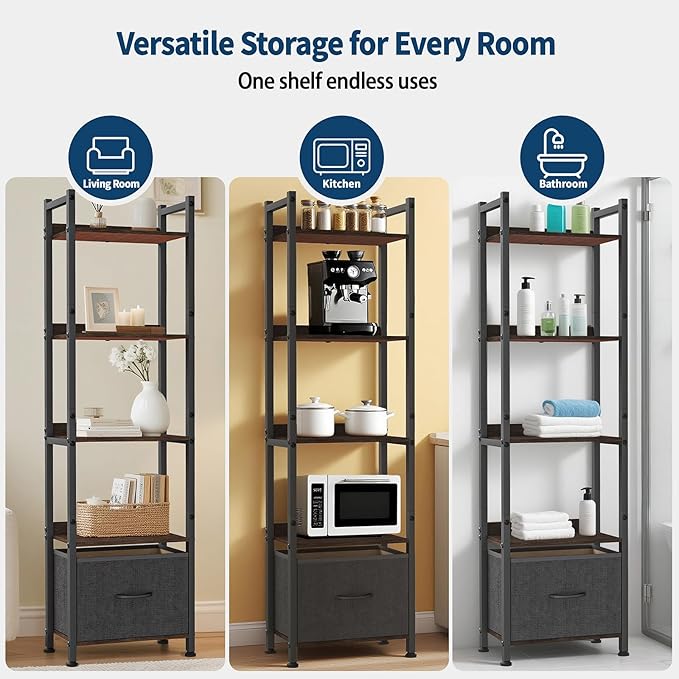 Whitmor 5-Tier Bookshelf with Drawer, Modern Display Bookcase with Wood Shelves & Metal Frame, Narrow Standing Storage Organizer for Living Room, Bedroom, Home Office, Black