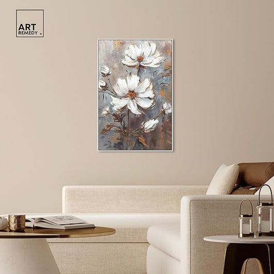 Art Remedy White Textured Flowers Canvas Elegant Floral Wall Art, White Frame, 30" x 45"