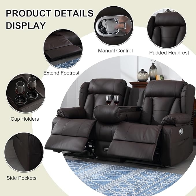 72.8" Manual Reclining Loveseat - Wall Hugger Double Loveseat Recliner with Console, Fold-Down Table and Built-in Outlets, Manual Recliner Chair for Living Room RVs Home Theater (Brown)