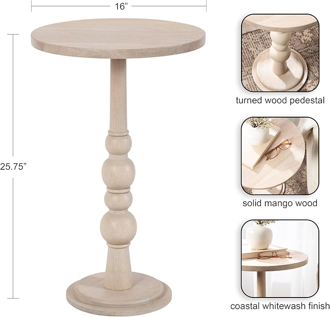 Kate and Laurel Wegner Traditional Wooden Round Side Table; 16 x 26; Whitewash; Elegant and Durable Pedestal Table for Use as Living Room End Table; Plant Stand; or Bedroom Nightstand