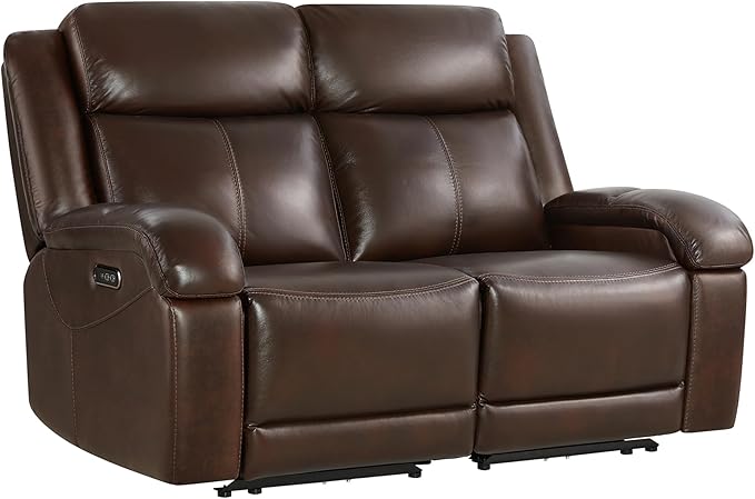 Watson & Whitely Genuine Leather Power Loveseat Recliner Sofa, 2 Seat Wall Hugger Reclining Sofa with Power Headrest & Charging Ports, Dual Recliner Sofas for Living Room, RV, Dark Brown