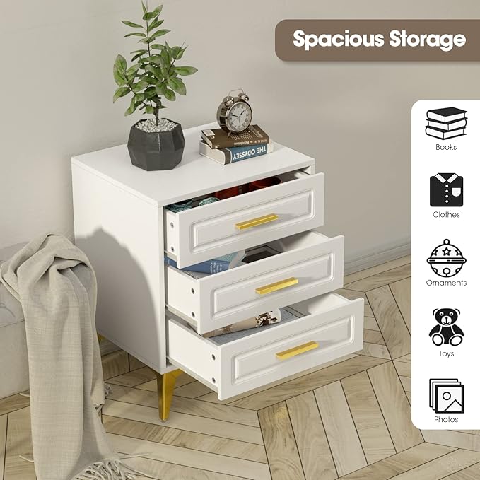 Giluta White Nightstand with 3 Drawers, Modern Night Stand with Gold Solid Metal Legs & Handles, Wood Bedside Table, Sofa End Side Table for Bedroom