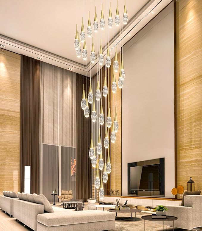 36-Lights 197 Inches Large Modern Chandelier LED Light Fixtures High Ceiling Long Light Chandelier for Entrance Foyer Dimmable Lights with Remote Living Room Ceiling Pendant Lighting Shine Gold