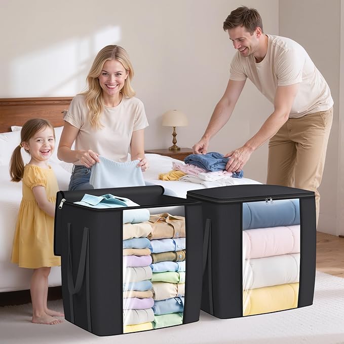 120L Extra Large Clothes Storage Bags, Foldable Blanket Storage and Organization, Thick Fabric Containers with Reinforced Handles & Zippers for Clothing, Comforters, Bedding, Black, 6 Pack