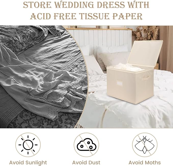 Wedding Dress Storage Box with 1 Pair of Microfiber Gloves and 20 Sheets of Acid-Free Paper, Wedding Dress Preservation Box for Heirlooms, Gowns Bride Musthaves(Beige)