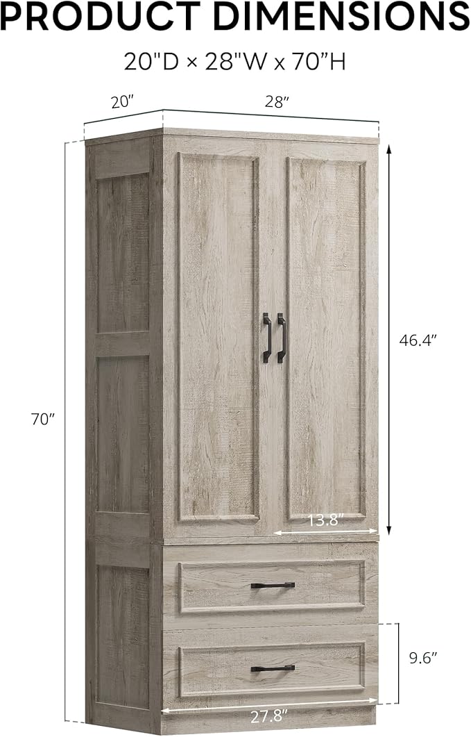 LIKIMIO Armoire Wardrobe Closet with 2 Doors and 2 Drawers 70" H x 28" W Wooden Bedroom Freestanding Wardrobe Combination for Hanging Clothes, Rustic Maple