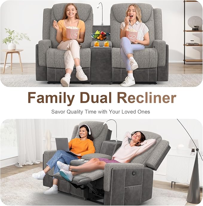 Dresegmt Loveseat Recliner Sofa, Manual Reclining Loveseat with Reading Light, Chic Blend Style Sofa, Storage Console, Cup Holders, USB Ports, Fabric & PU Leather, Recliner Couch for Living Room/RV