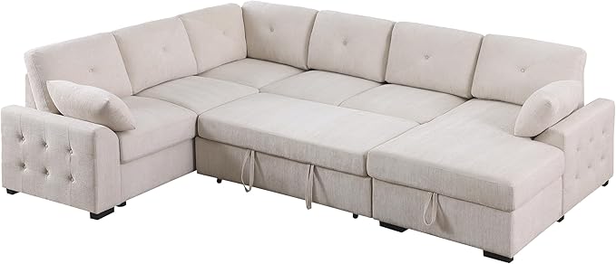 ERYE U-Shaped Pull Out Sleeper Couch Bed, Modern Chenille Upholstered Button Tufted Corner Couch Right Facing Sectional Sleeper Sofa Bed W/Storage Chaise and 2 Pillows