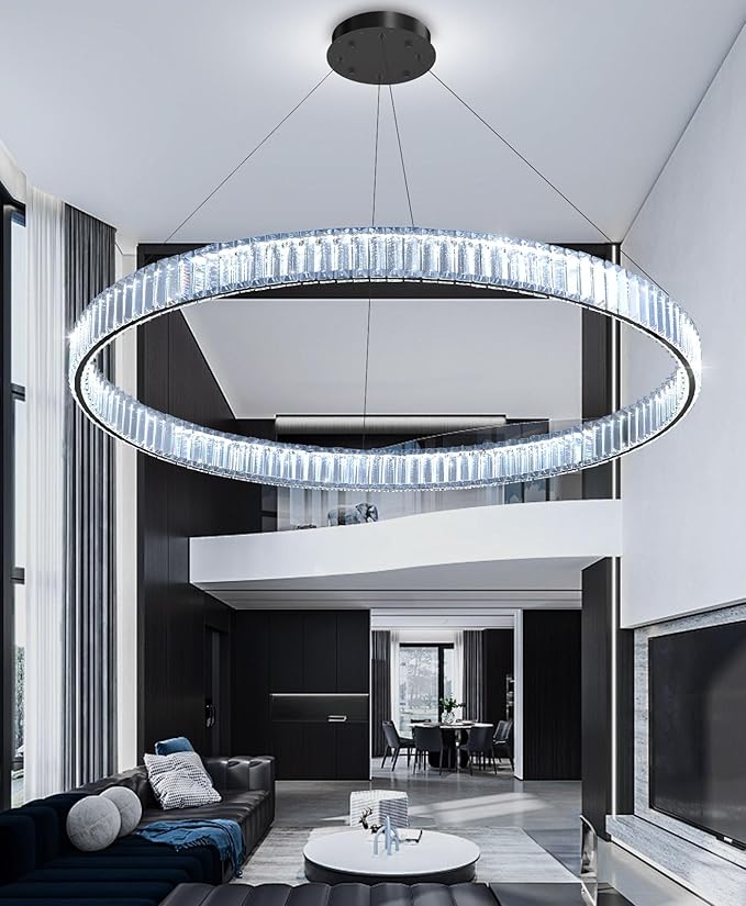 40'' Modern Ring Chandelier Crystal Chandeliers for Dining Room Round LED Dimmable Ceiling Light Fixture for Living Room Bedroom Lighting Black