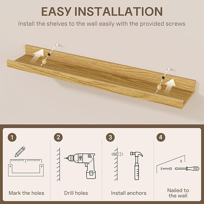 Fun Memories Long Wall Shelves Set of 2-72 Inch Floating Shelves for Wall - Picture Ledge Shelf with Lip for Storage - Wall - Mounted Shelves for Bedroom - Living Room - Kitchen - Oak Color