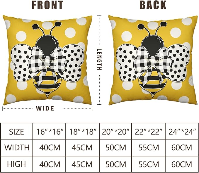Summer Pillowcase 16x16 Set of 2 Yellow Honey Bee Polka Dots Holiday Throw Pillow Covers Bumblebee Outdoor Decorative Linen Cushion Covers for Farmhouse Couch Sofa Living Room Decor