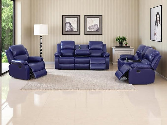 Bonded Leather Recliner Sofa Set Living Room Furniture Sets Modern Manual Reclining Sofa Set Loveseat Couch Chair Set with Cup Holders & Storage Console for Home/Office (Purple Blue,3 PCS Set)