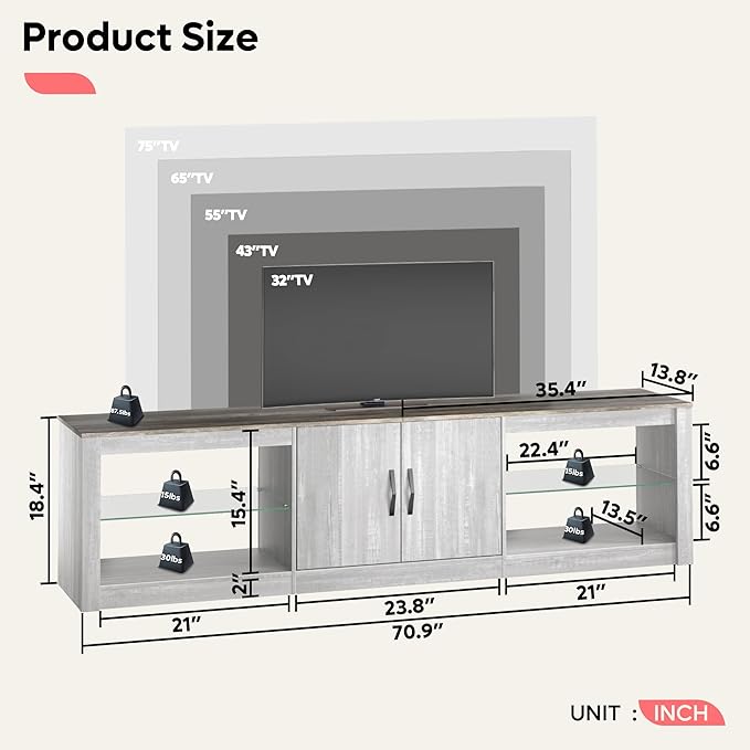 Bestier 70 Inch Led TV Stand for 75 Inch TV Large Entertainment Center Gaming with Adjustable Glass Shelves Two Cabinets Modern TV Console for Living Room 22 RGB Modes, Wash White