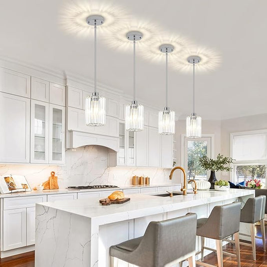 Chrome Pendant Lights, Modern Crystal Pendant Lighting for Kitchen Island, Mini Kitchen Chandeliers Hanging Pendant Lights for Bedroom Dining Room Hallway