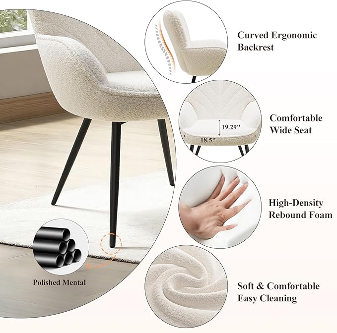 Mid-Century Modern Beige Sherpa Accent Chair, Upholstered Armchair for Living Room/Bedroom/Reading Corner, Curved Back & Padded Seat, High-Density Cushion, Soft Cozy Fabric,Set of 2