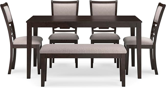 Signature Design by Ashley Langwest Classic Upholstered Dining Table and 4 Chairs and Bench, Set of 6, Dark Brown & Light Gray