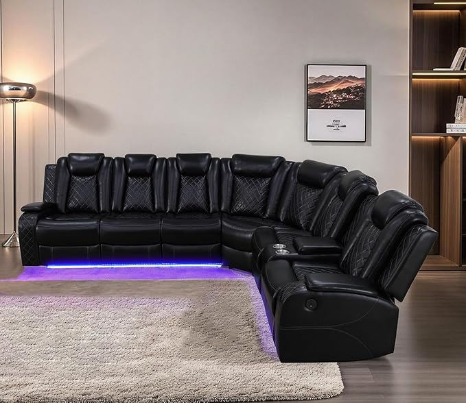 Power Recliner Sofa Sectional Couches with LED Light,Leather Reclining Corner Sectional Sofa Set with 2 Recliner Seats,Cup Holder,Storage Console for Living Room,Black