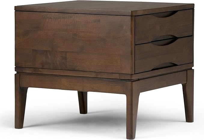 SIMPLIHOME Harper End Table - 22 inch Wide Solid Wood 2 Drawer Side Table in Walnut Brown, Mid Century Modern Accent Table for Living Room with Tapered Legs and Notched Handles