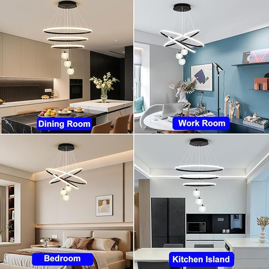 LED Modern 3 Ring Chandeliers for Dining Room, 24in Dimmable Kitchen Pendant Lamp, Black Dining Room Light Fixtures Ceiling Hanging Over Table, Globe Round Chandeliers for Living Room Bedroom