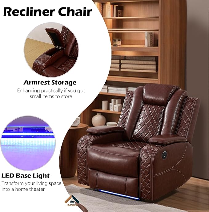 Power Recliner Sofa Set for Living Room, Leather Reclining Sofa Sets with Storage Console, Living Room Furniture Sets with LED Lights(Loveseat and Chair,Wine)