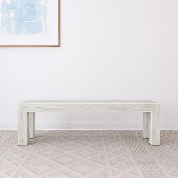 Plank+Beam 60 Inch Dining Bench for Dining Room, Bench for 72 Inch Table Kitchen Dining Seat, Wooden Outdoor Bench, Solid Wood Entryway Bench, White Sand Wirebrush