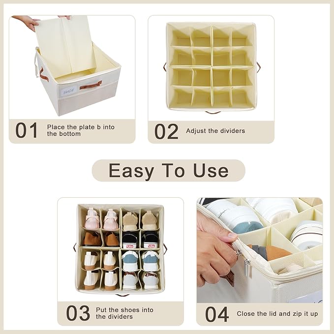 Shoe Organizer for Closet, Shoe Storage Box, Foldable Shoe Box with Adjustable Dividers and Clear Cover, Closet Shoe Organizer Fits up to 16-32 Pairs, Extra Storage Pocket for Socks (2 Pack)