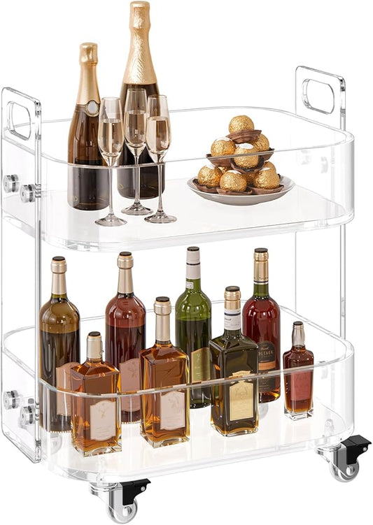 VEVOR Acrylic Bar Cart with 4 Lockable Wheels, Clear Mobile Utility Rolling Cart, Multifunction Serving Cart for Home Bar, Kitchen, Bathroom, Living Room, with Pulling Handle, 2-Tier, Modern