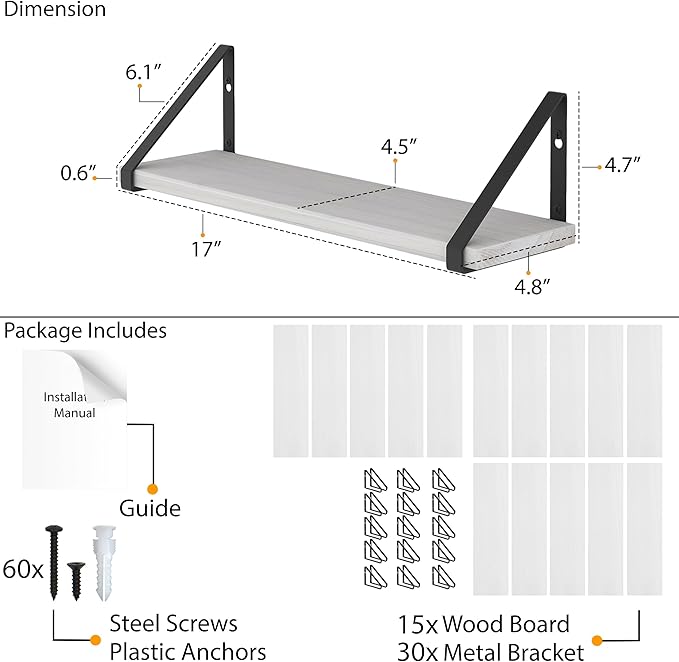 Wallniture Ponza 17'' x 4.5'' Floating Wall Shelf Bathroom, Small Wood Book Shelves for Wall Storage, Wall Mounted Shelf, Dining Room, Bedroom, Living Room, Office & Kitchen Organization, White, 15pcs