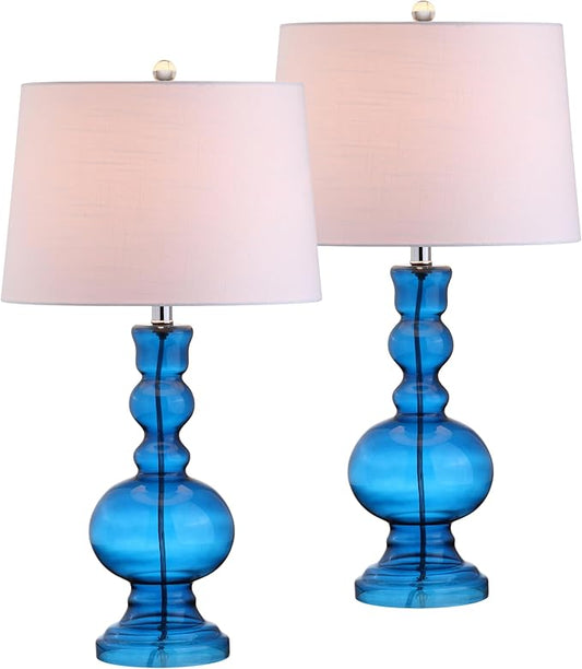 JONATHAN Y 28.5" Night Blue Glass Table Lamp Set of 2 for Living Room Bedroom Decor, Modern Bedside Lamps with White Linen Shade, LED Bulbs Included (JYL1061C-SET2)