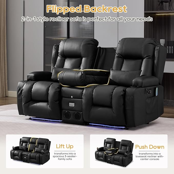 IPKIG Power Recliner Sofa with Flip-Up Backrest Console, USB & USB-C Ports, AC Outlet, LED Lights, Wall Hugger Recliners for Living Room, RV (Midnight Black, 67" - 3 Seat) | Breathable Leather, Zero Gravity, Dual Reclining, 2 Lumabr Pillow, Bluetooth S...