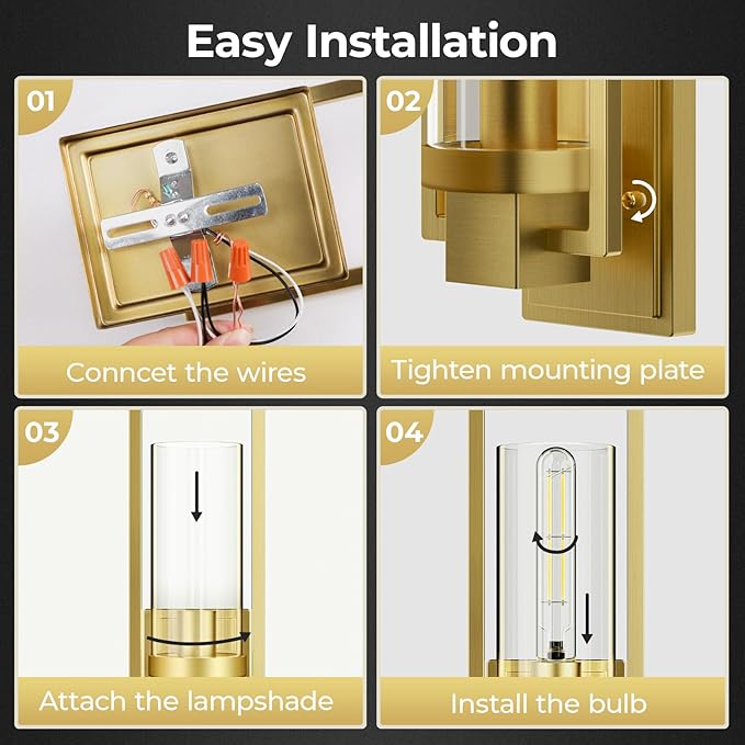 CINOTON Golden Wall Sconces Set of 2, 15" Brushed Gold Wall Mounted Lamp, Hardwired AC 120V Wall Sconces Vintage Vanity Light Fixtures with Clear Glass, Wall Lights for Living Room, Hallway, Bedroom