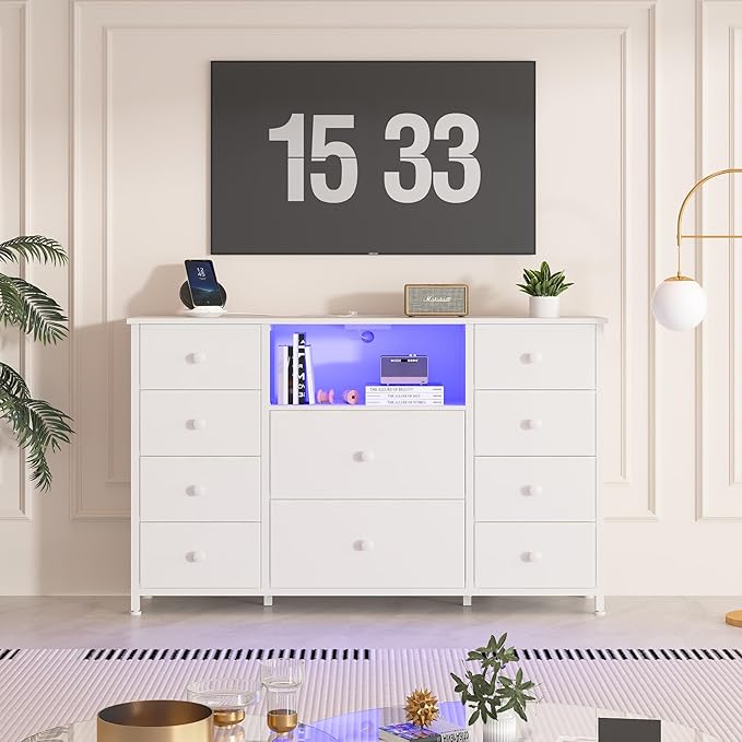 Dresser for Bedroom with 10 Drawers, White Storage Organizer TV Stand for 55" TV with LED Lights and Sockets, Fabric Chest of Drawers with PU Finish for Kid Room, Entryway, Living Room, Hallway