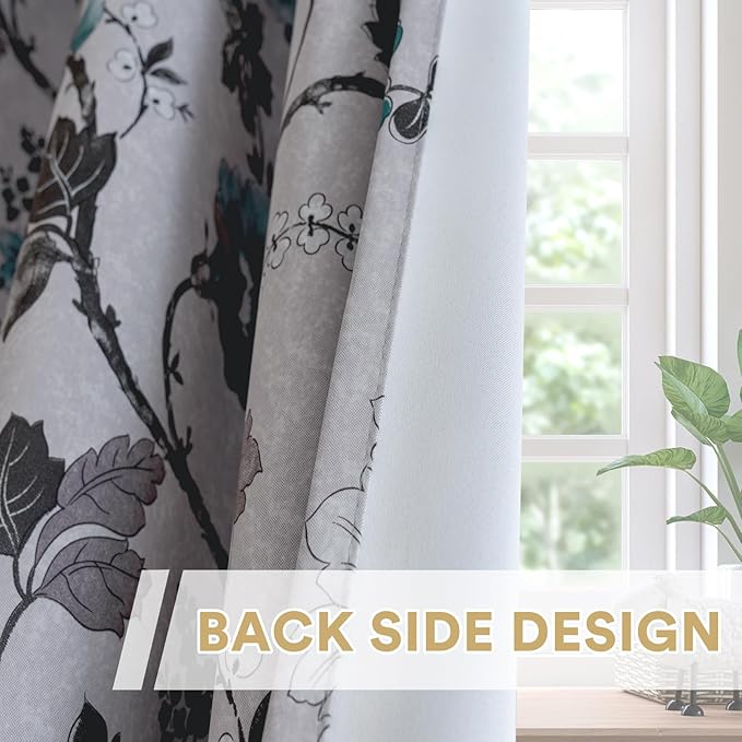 H.VERSAILTEX Blackout Curtains for Bedroom/Living Room Thermal Insulated Printed Curtain Drapes 96 Inches Long Energy Efficient Room Darkening Curtains Pair (2 Panels), Vintage Floral Grey & Teal