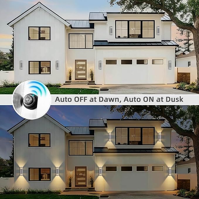 Dusk to Dawn Outdoor Wall Lights 2 Pack, Up Down Stainless Steel Exterior Lighting Fixtures with Photocell Sensor, Waterproof Outdoor Sconce Lights for House Porch Garage Patio, LED Bulbs Included