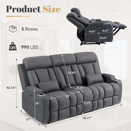 2-Piece Power Reclining Sofa Set, 3-Seater Sofa with Drop-Down Console & 2-Seater Loveseat, Zero Wall Hugger Electric Recliner Couch with Adjustable Headrest, AC Outlets (Gray, 2+3)