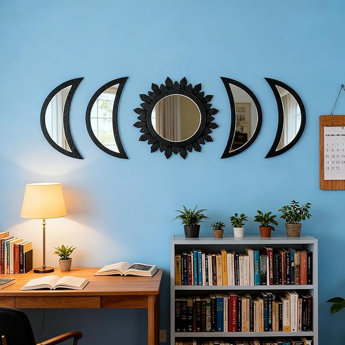 5 Pieces Moon Phase Mirror Wall-Mounted Wall Decor Mirrors Natural Wooden Sunburst Bohemian Wall Art for Home Living Room Bedroom Decoration