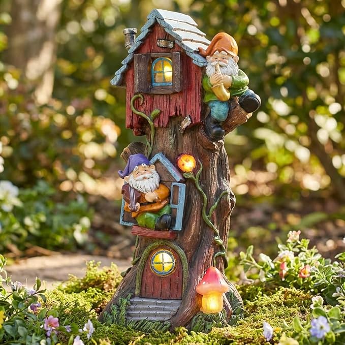 TERESA'S COLLECTIONS 11" Tall Large Garden Statues Gnome Treehouse with Solar Outdoor Light, Dad Gifts for Men,Resin Garden Decor Lawn Ornaments for Patio Yard Decor Gifts for Dad and Mom