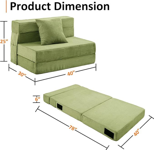 JKMAX Twin Size Folding Sofa Bed - 4 in 1 Convertible Sleeper Chair with Pillow - High Density Memory Foam Futon Couch - Foldable Bed for Living Room Bedroom (Green)