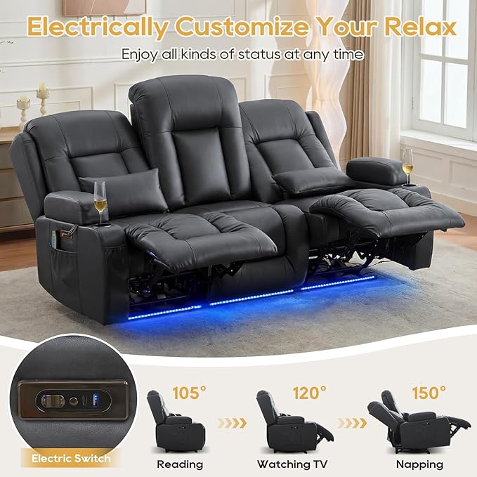 IPKIG Power Recliner Sofa with Flip-Up Backrest Console, USB & USB-C Ports, AC Outlet, LED Lights, Wall Hugger Recliners for Living Room, RV (PU Grey, 76.8" - 3 Seat) | Faux Leather, Zero Gravity, Dual Reclining, 2 Lumabr Pillow