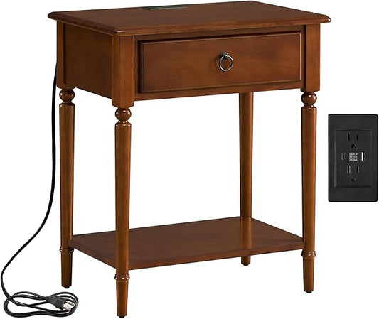 Leick Home Coastal Nightstand, Solid Wood, with USB-C Charging, 1 Drawer and 1 Shelf, Pecan Brown, 20022-PC
