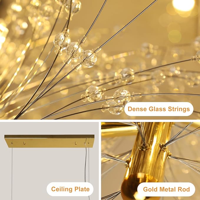 Depuley 27.5" Modern Gold Crystal Firework Chandelier, 9-Light Crystal Light Fixture Hanging, Linear Dandelion Chandelier, Sputnik Ceiling Pendant Light Fixtures for Dining Room(G9 Bulbs Included)