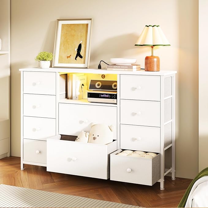 Dresser for Bedroom with 10 Drawers, White Storage Organizer TV Stand for 55" TV with LED Lights and Sockets, Fabric Chest of Drawers with PU Finish for Kid Room, Entryway, Living Room, Hallway